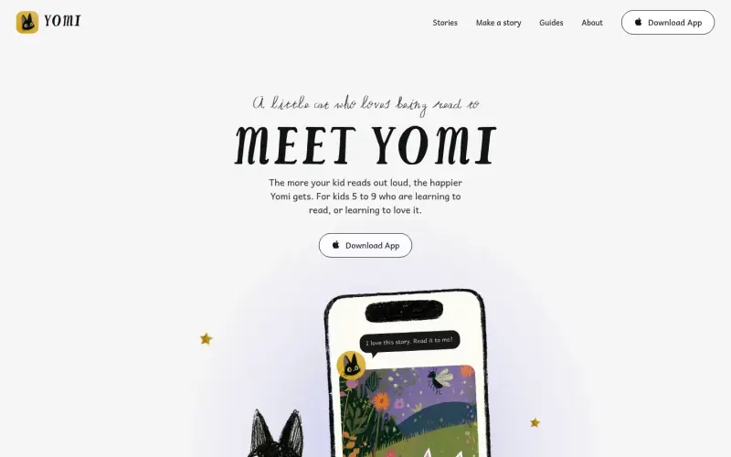 Yomi homepage showing Reading app for kids 5-9: Your child reads aloud, Yomi listens