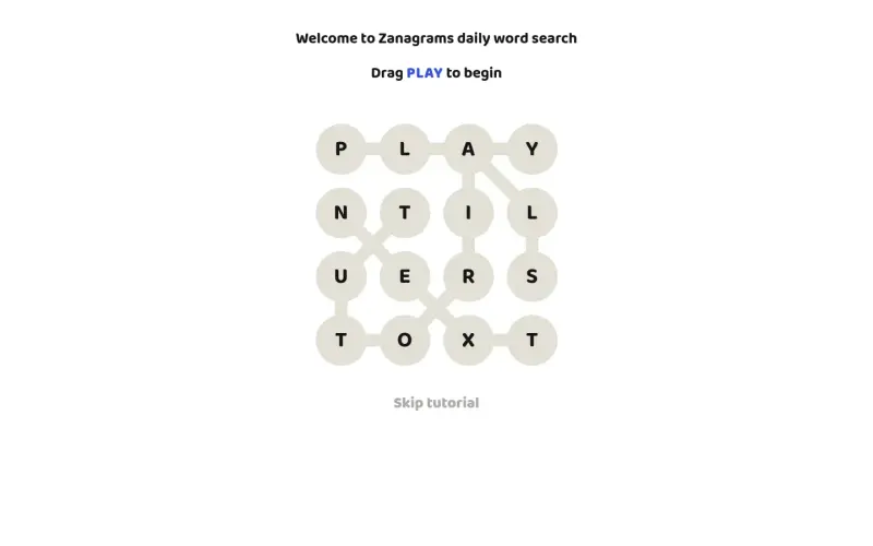 Zanagrams homepage showing Find hidden words in a daily puzzle