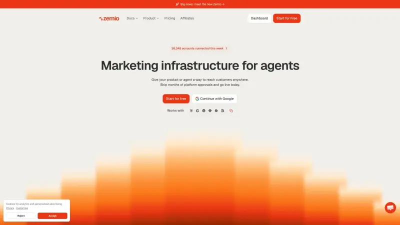 Zernio homepage showing Unified API for multi-channel marketing automation