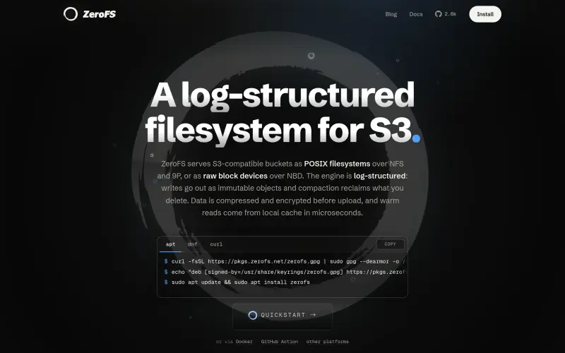 ZeroFS homepage showing S3 as a POSIX filesystem