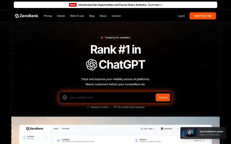 ZeroRank homepage showing and improve your AI search visibility tracking