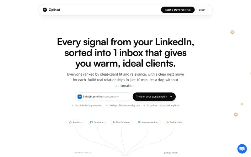 Ziplined homepage showing Your LinkedIn inbox for warm, ideal clients