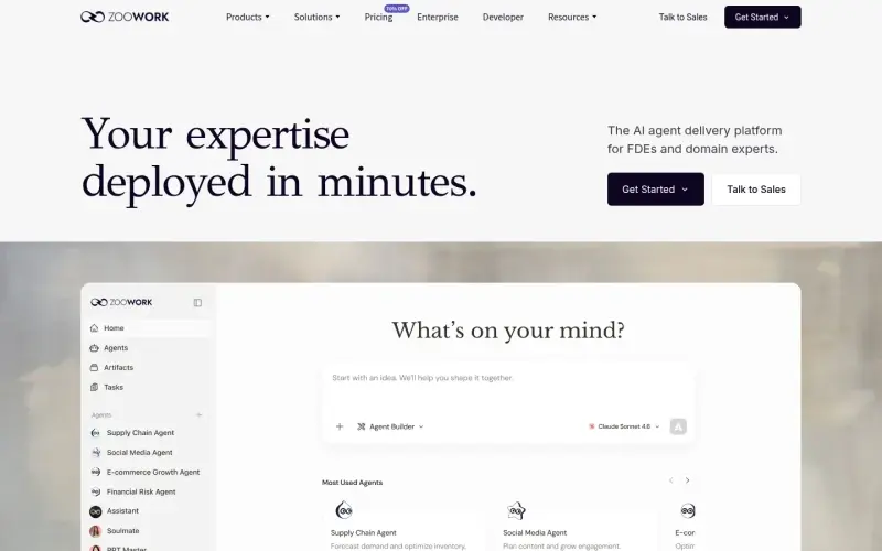 ZooWork homepage showing Deploy AI agents with business knowledge and control