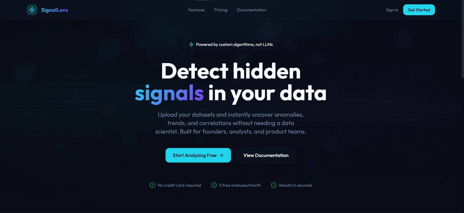 Signal Lens Pro homepage showing Unlock actionable insights with Signal Lens Pro. Advanced data analytics